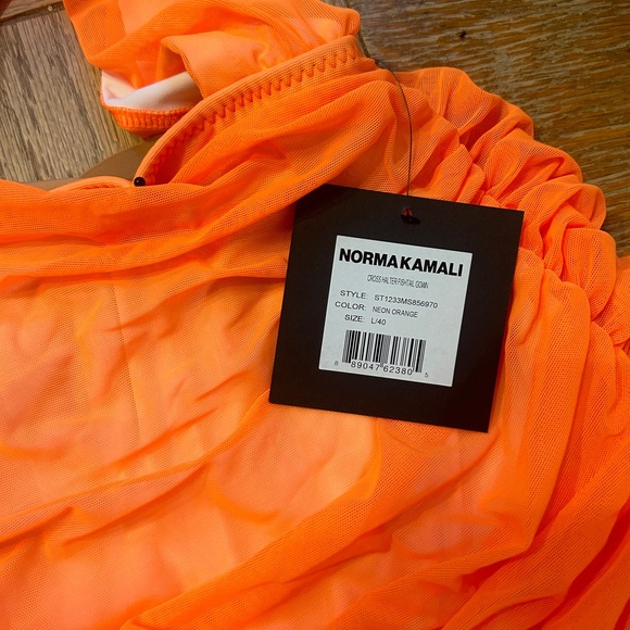 NWT Norma Kamali Cross Halter Fish tail gown in neon orange - Picture 3 of 3